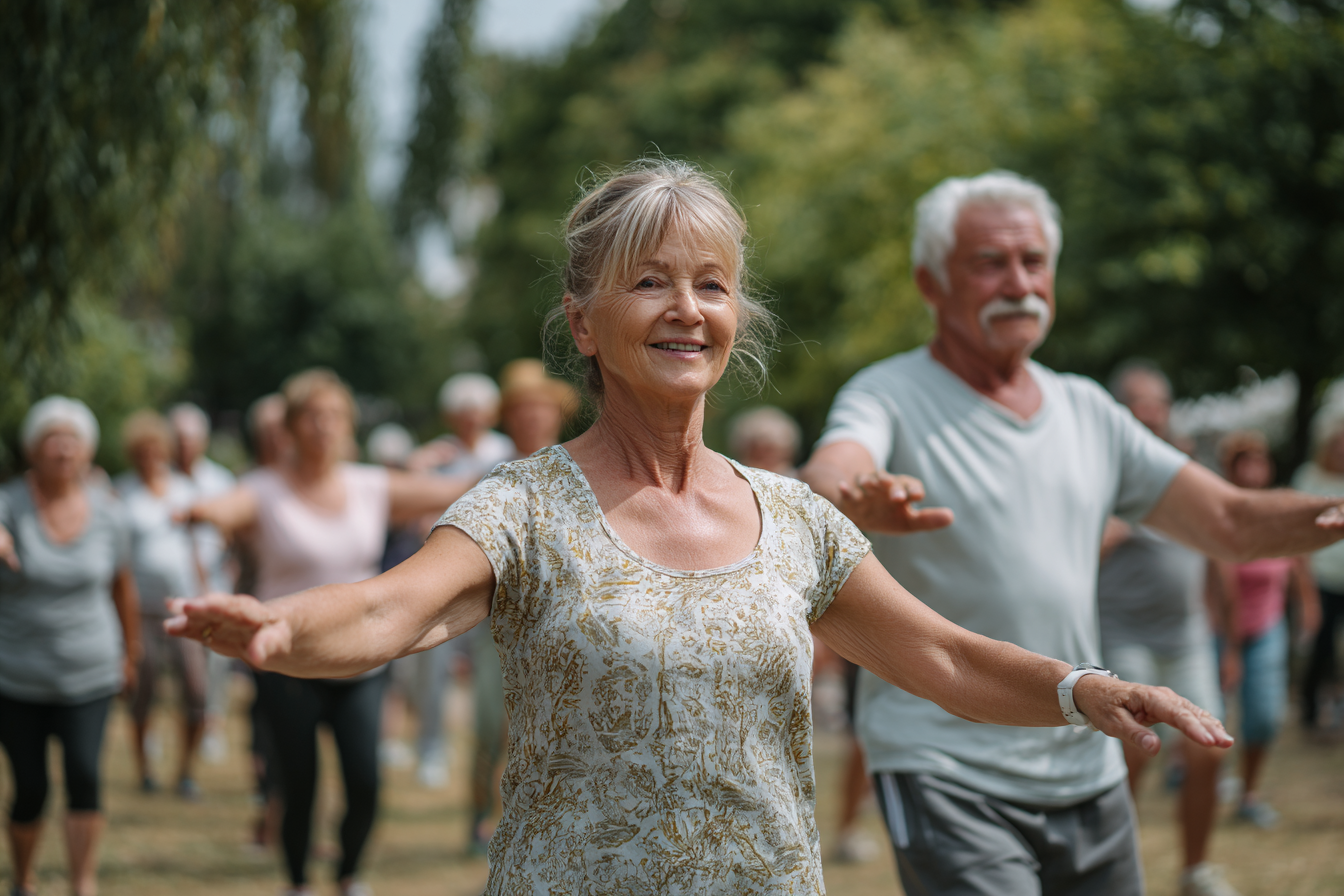 Група възрастни хора упражняват сред природата