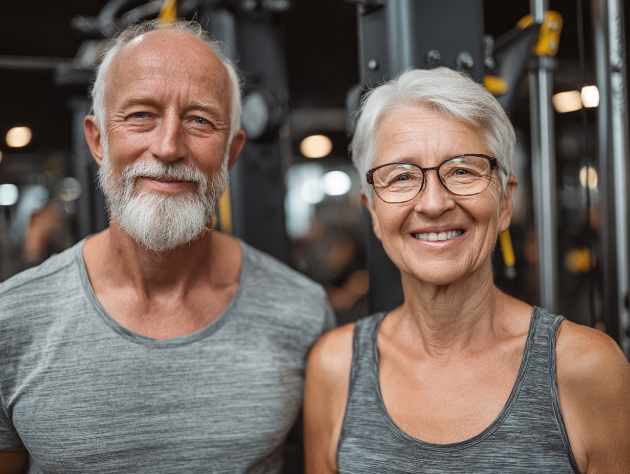 Усмихнати възрастни хора в групова тренировка